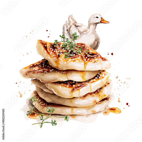 Peking Duck Pancakes, watercolor illustration, vector style, isolated on a white background.