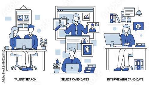 Visualizing the modern recruitment process talent search candidate selection and the final interview stages illustrated in a clean design