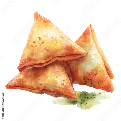 Watercolor illustration of Samosas, vector artwork, isolated on white background.