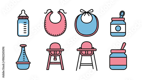 Cute baby care icons including a bottle, bib, baby food jars, and high chairs, presented as vector graphics for easy use