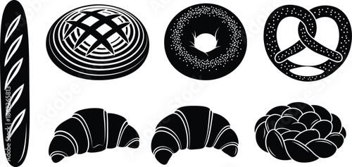 Artisan Bread Varieties Silhouette vector set of 6 bread types baguette sourdough loaf bagel pretzel croissant and braided bun