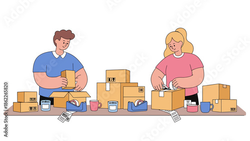 Dedicated man and woman team diligently pack and prepare numerous cardboard boxes, showcasing efficient e-commerce order fulfillment and streamlined logistics for modern delivery