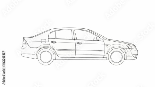 Detailed Line Art Illustration of a Modern Sedan Car.