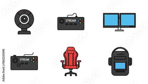 A set of vector graphic icons illustrating diverse equipment for gaming, live streaming, and content creation, including controllers, webcams, and monitors