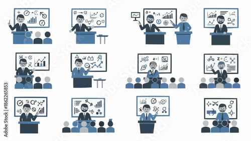 Illustrations of presenters giving business presentations with charts.