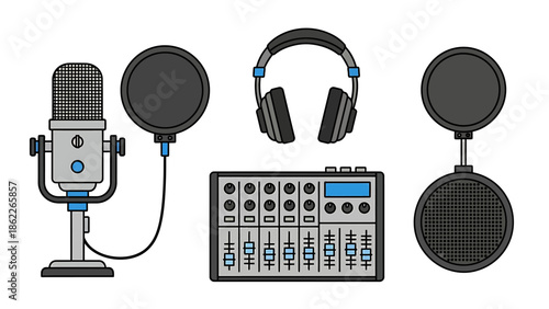 Vector illustration set of essential professional audio recording studio equipment, including a microphone, headphones, and sound mixer for podcasting and broadcasting