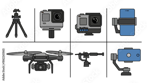 Collection of filming and photography equipment including drone, cameras, tripod and stabilizers for content creation