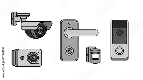 A comprehensive set of vector illustrations showcasing smart home security devices, including cameras, door handles, and sensors for modern intelligent living solutions