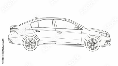 Detailed Line Art Illustration of a Modern Sedan Car.