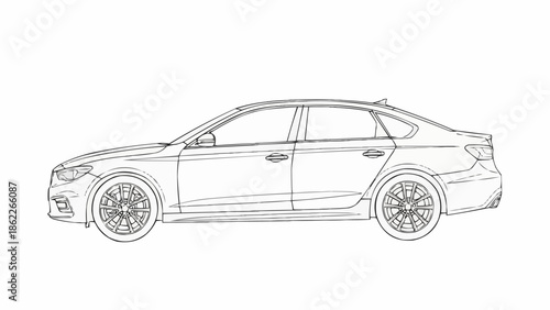 Detailed Line Art of a Modern Sedan Car.