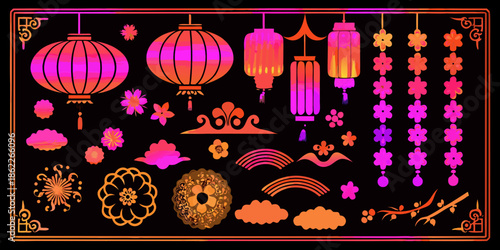 Vibrant pink and orange chinese lanterns and floral decorations on black