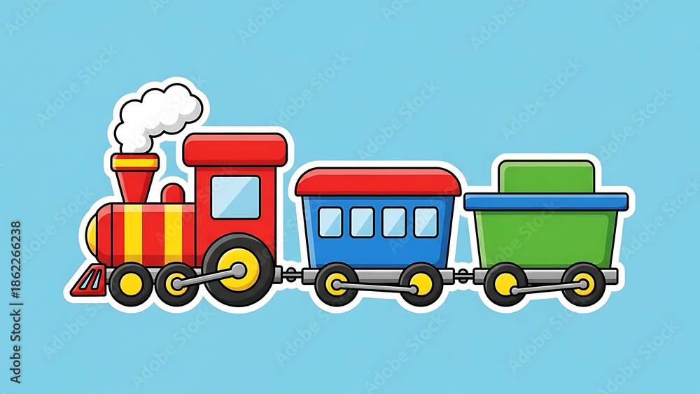 Naklejka premium Colorful cartoon train with locomotive and carriages on blue background