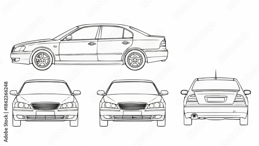 Αυτοκόλλητο Detailed Car Blueprint - Side, Front, and Rear Views.