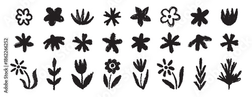 Grunge trendy doodle flowers leaves set. Hand drawn brush flowers crayon, chalk texture. Flowers textured collection
