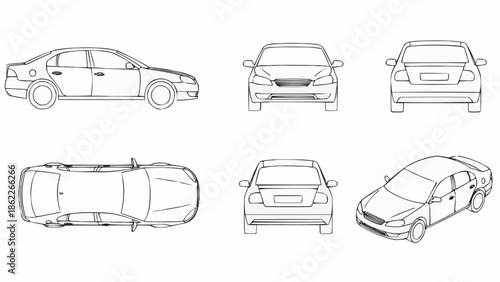 Car Blueprint - Detailed Technical Drawings of a Sedan.