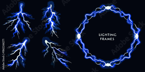 Illustrative set of vibrant blue lightning bolts and a circular frame design