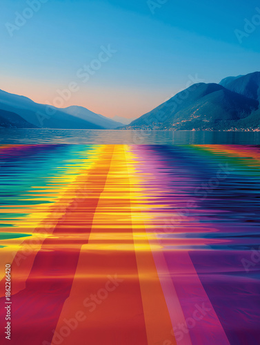 AI generator rainbow pyramid sits in the water, with light reflecting on the surface. digital artwork is titled 