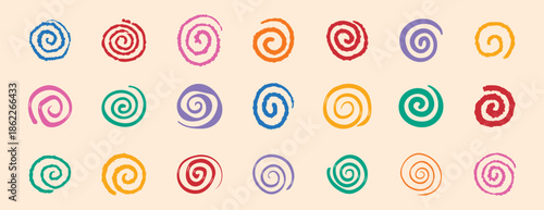 colorful spirals hand drawn swirl circle doodle hand drawn set. funny cute rainbow spirals.