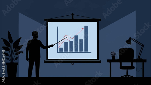 Silhouette of a presenter pointing at a chart on a screen.