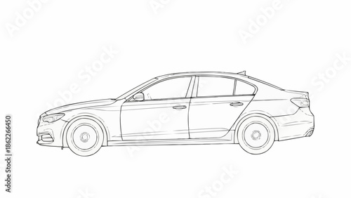 Detailed Line Art of a Modern Sedan Car.