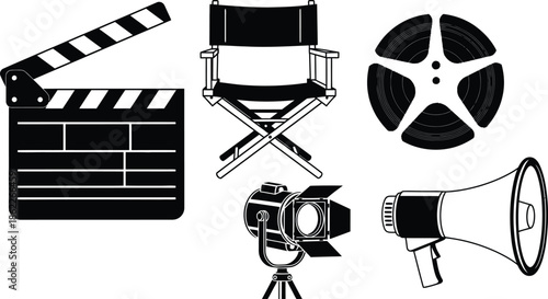 Cinema Production Gear Set of 5 film set items clapperboard director chair film reel spotlight and megaphone