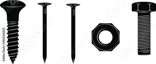 Construction Fasteners Silhouette vector set of 5 hardware fasteners phillips screw flathead nail bolt nut and washer
