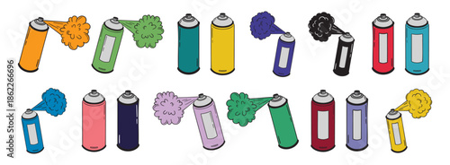 spray paint colorful can doodle hand drawn icon set. Outline drawing spray paint can different colors line clipart symbol collection