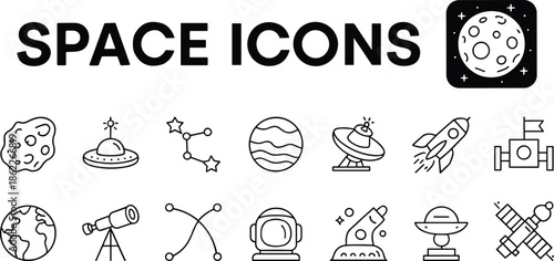 Space, icons, vector, illustration, sketch, outline, rocket, planet, moon, satellite, astronaut, telescope, constellation, orbit, station, radar, earth, helmet, UFO, exploration, galaxy
