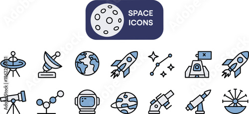 Space, icons, vector, illustration, sketch, outline, rocket, planet, telescope, satellite, astronaut, earth, moon, constellation, radar, microscope, orbit, galaxy, launch, exploration, science