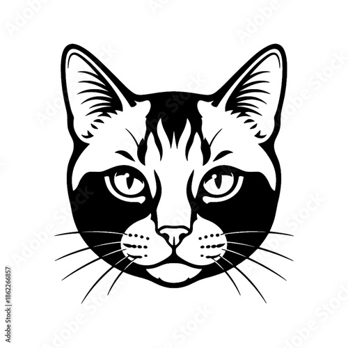 Symmetrical Cat Face Tattoo Stencil with Bold Outlines and Piercing Eyes