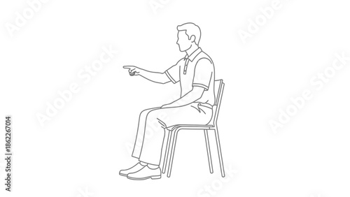 A simple line drawing depicts a man seated on a chair pointing forward with his right hand