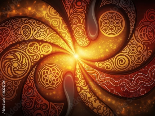 Glowing Cultural Swirl Abstract Background in Warm Tones