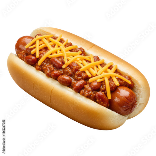photorealistic macro close-up of a plump grilled frankfurter loaded with chunky beef chili and shredded melted cheddar cheese on a soft potato bun, transparent background. Concept for commercial
