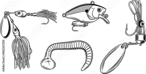 Fishing Bait Types Outline illustration set of 5 fishing lures spinner bait crankbait jig head soft worm and spoon lure