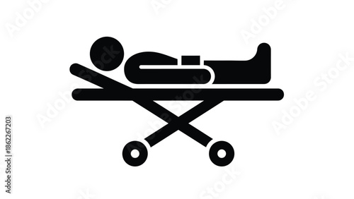 A simple black and white icon depicts a hospital gurney or stretcher with a patient lying on it symbolizing medical care
