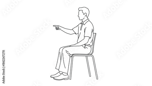 A simple line drawing depicts a man seated on a chair gesturing with his right hand pointing forward