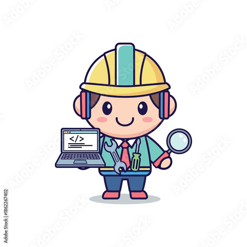 Cartoon developer wearing a hard hat holds a laptop and magnifying glass.
