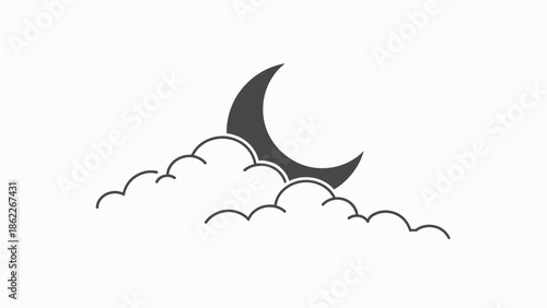Crescent Moon Behind Clouds, Minimalist Night Sky Illustration