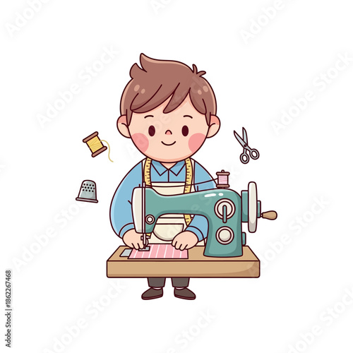 A boy skillfully operates a sewing machine to create fabric with scissors and thread nearby.
