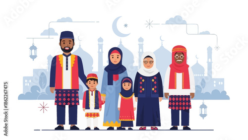 Diverse Muslim family celebrating, Ramadan, Eid, Islamic culture, mosque background
