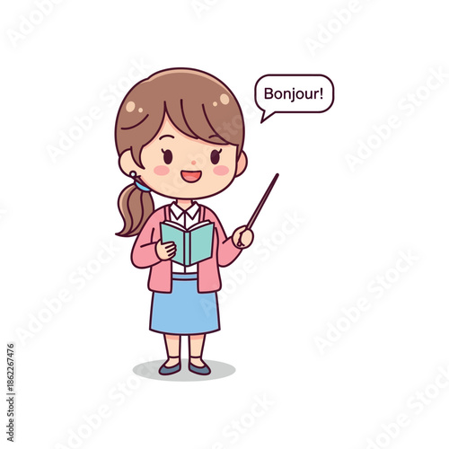 A young girl holds a book and pointer saying Bonjour.