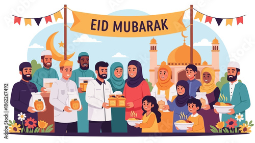 Diverse Muslims Celebrate Eid Mubarak Festival with Food and Mosque Background