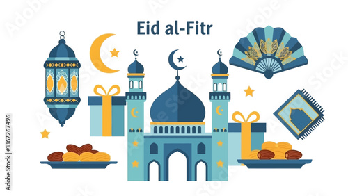Eid al-Fitr Celebration Flat Design: Mosque, Lantern, Gifts, Dates, Fan, Prayer Mat