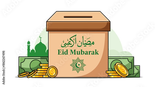 Eid Al Adha Donation Box with Money and Mosque Silhouette