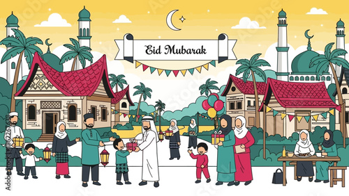Eid Mubarak Celebration: Muslim Family Gathering, Gift Giving, Festive Village Scene