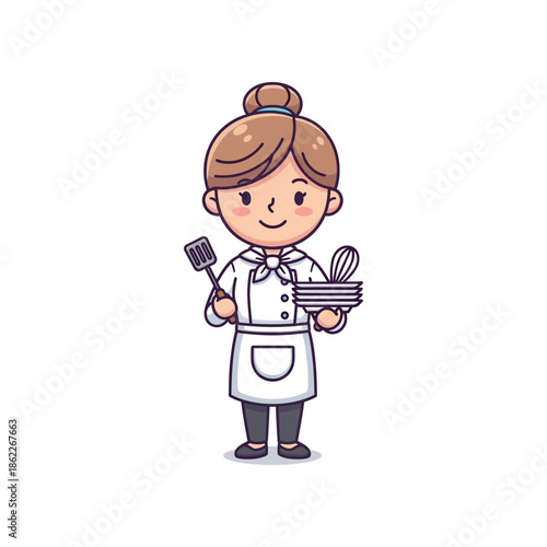 A cartoon chef girl holds a bowl with a whisk and a spatula.