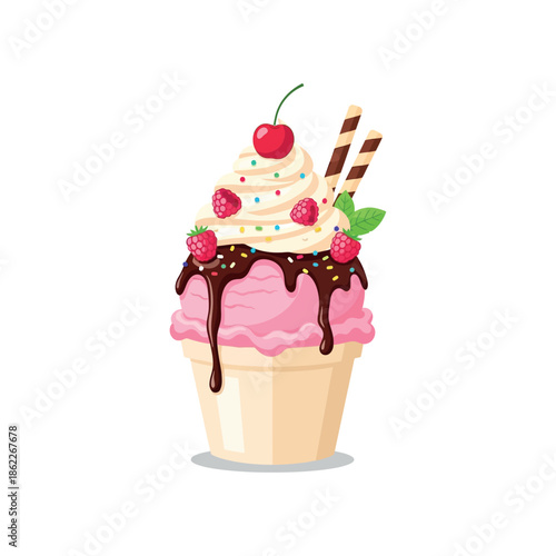 A colorful illustration of a pink ice cream sundae with toppings and decorations.