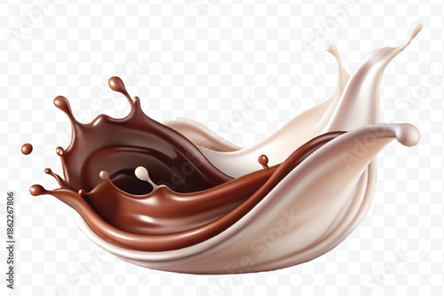 realistic 3d dynamic splash of  chocolate with milk in curve style isolated on transparent background	
