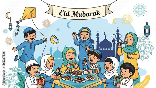 Happy Eid Mubarak Celebration with Diverse Children Enjoying Treats and Kite Flying