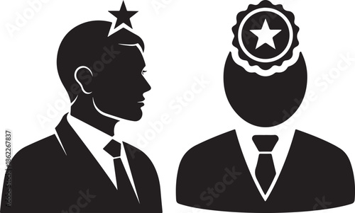 Two businessmen with star symbols on their heads in black silhouette